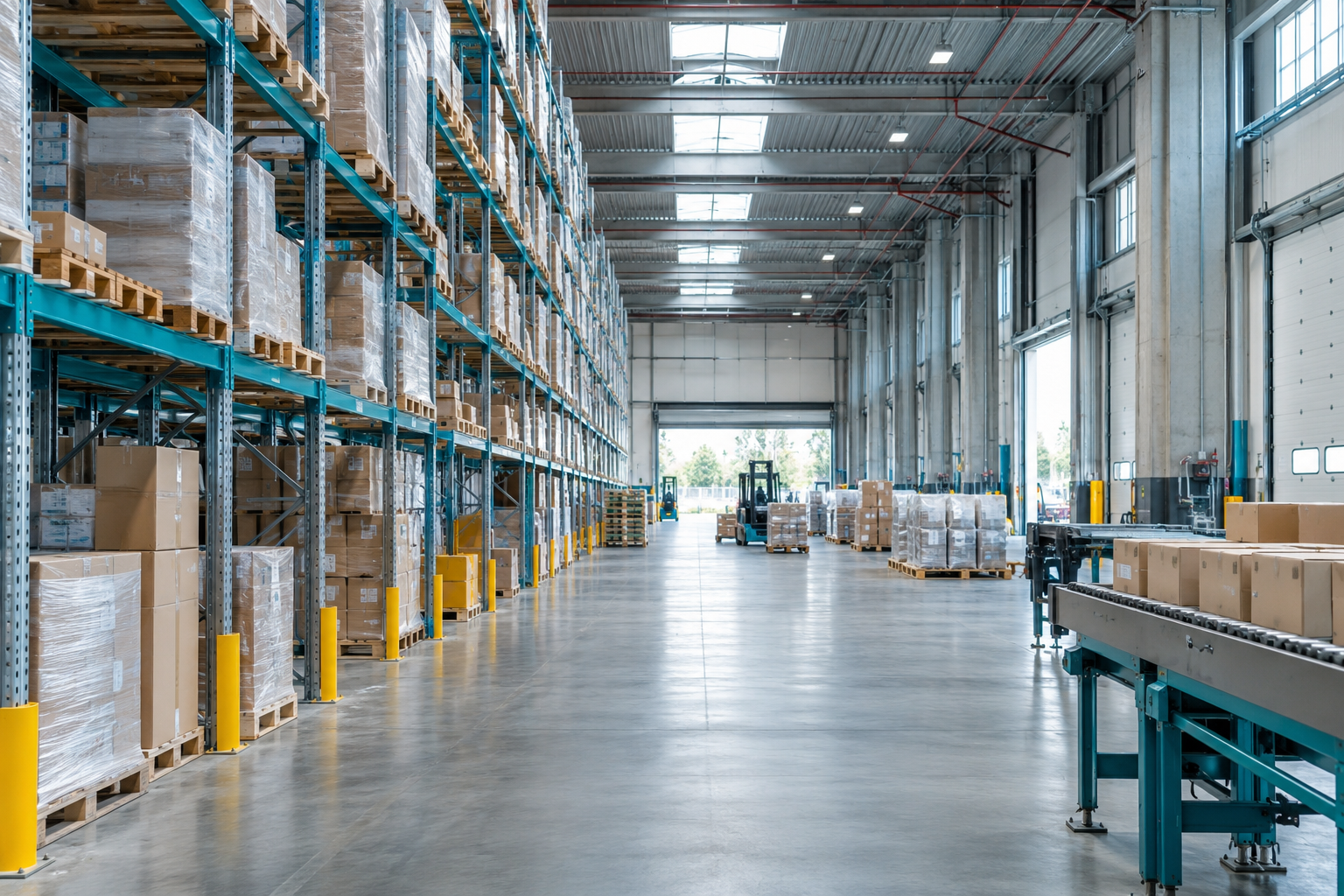 Intérieur d’un centre logistique avec rayonnages, illustration d’environnement